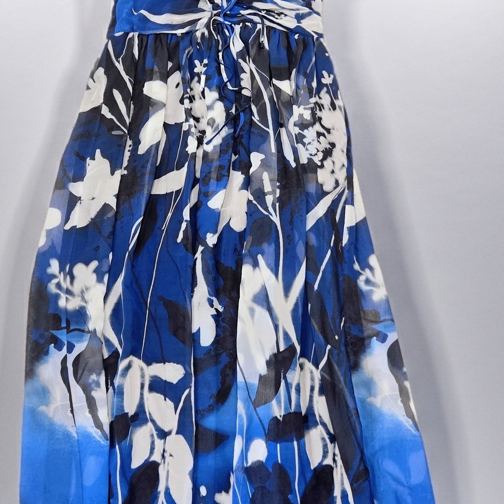 DKNY Blue Floral Chiffon Dress Size 8 Empire Waist Tie Front V-Neck Midi